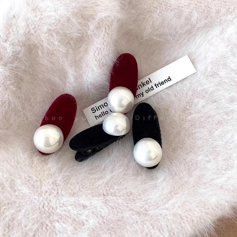 复古黑色丝绒珍珠发夹侧边刘海秋季小号简约一字头饰