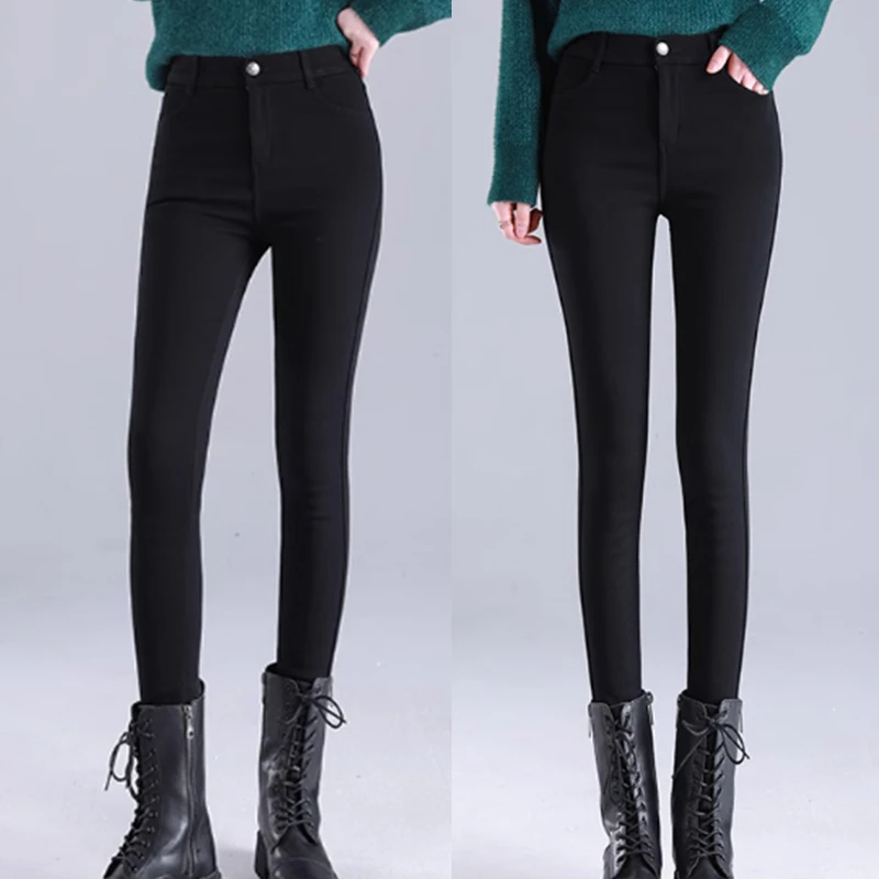 秋冬加绒加厚女外穿小脚铅笔黑色春秋季羊羔绒打底裤保暖女小黑裤