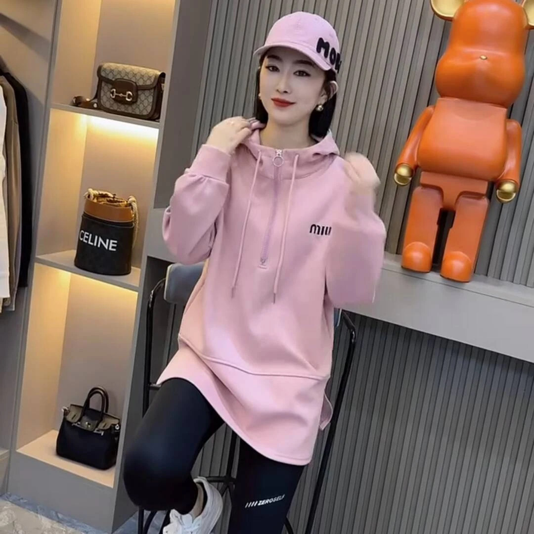 2024冬季新款加绒加厚连帽半拉链卫衣洋气宽松时尚显瘦女上纯色潮