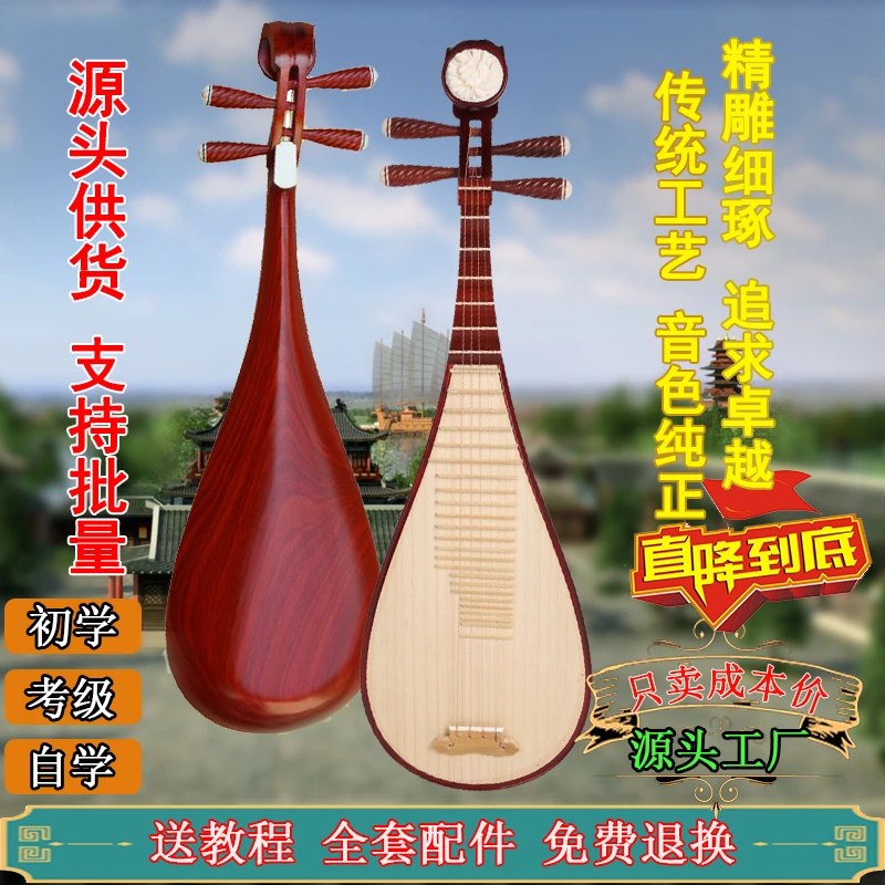 专业红花梨木琵琶乐器粉色初学练习琴特制红木成人儿童鸡翅木琵笆