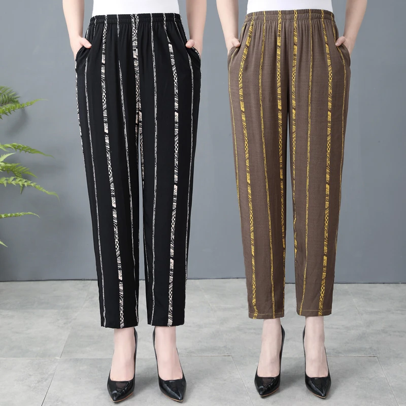 时尚妈妈裤子2025夏季宽松休闲女裤松紧腰显瘦小脚裤棉麻九分裤薄