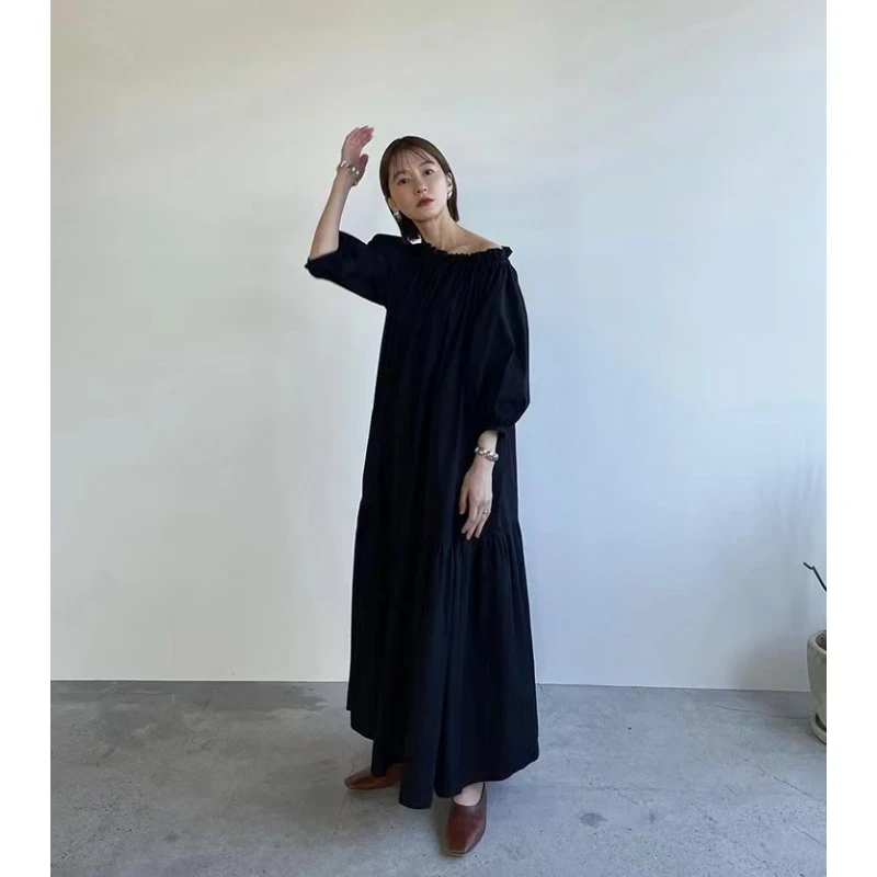 【SAKURA】日系品牌 夏季 松本 气质宽松 松紧领简约纯色休闲连衣裙