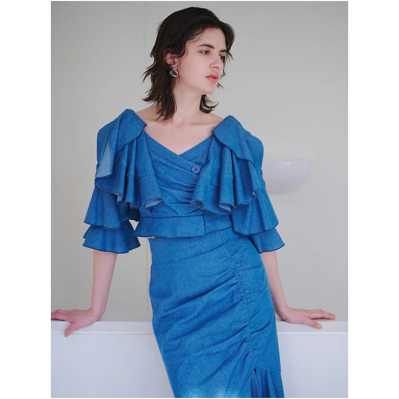 【强哥外贸】杂志款 S 甜美V领荷叶边短款抽褶露肩衬衫气质时尚法式