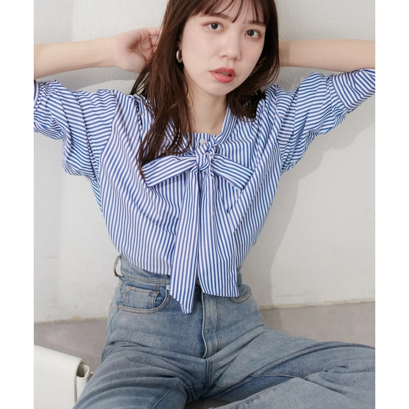 【强哥外贸】 N 春秋新款时尚条纹大丝带小众设计感衬衫气质