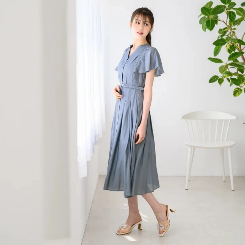 【强哥外贸】 夏季新款 M 舒适气质百搭喇叭袖轻盈雪纺显瘦连衣裙