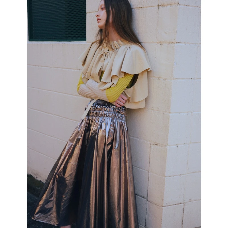 【强哥外贸】 夏季新款 F 光泽感气质高腰百搭气质半身裙