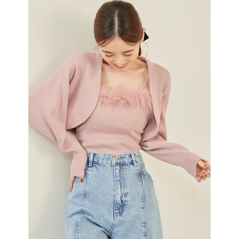 【强哥外贸】 秋冬新款 S 毛毛吊带背心带胸垫针织开衫两件套