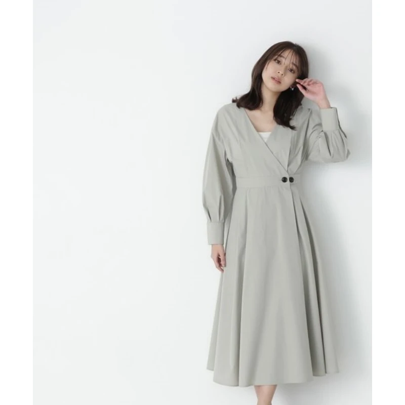 【强哥外贸】  夏季新款  N 纯色气质百搭褶皱收腰长袖连衣裙