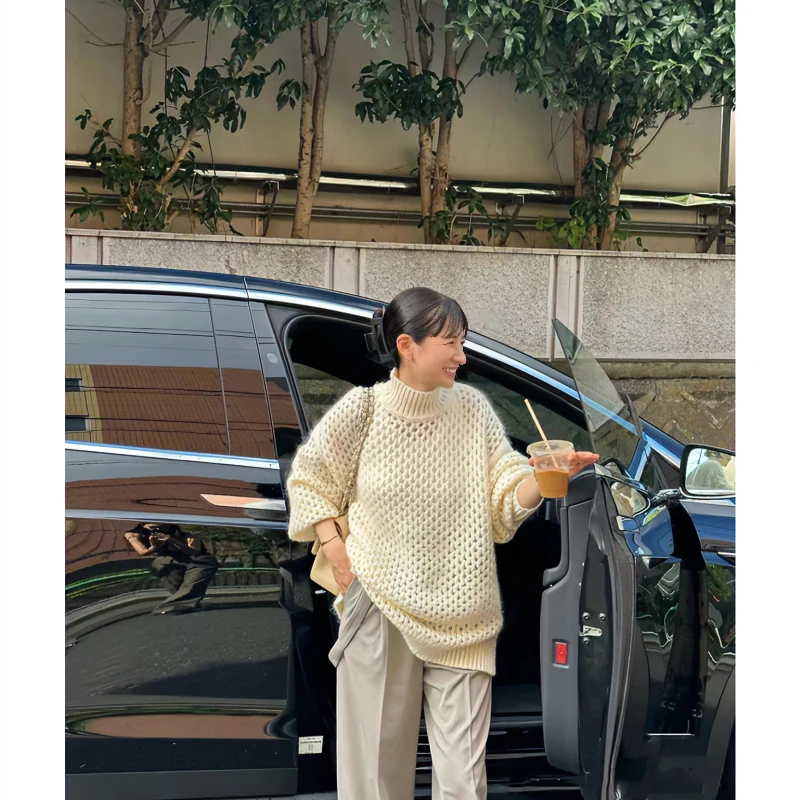 【强哥外贸】日系品牌 秋冬上新 松本 透视镂空高领纯色针织毛衣