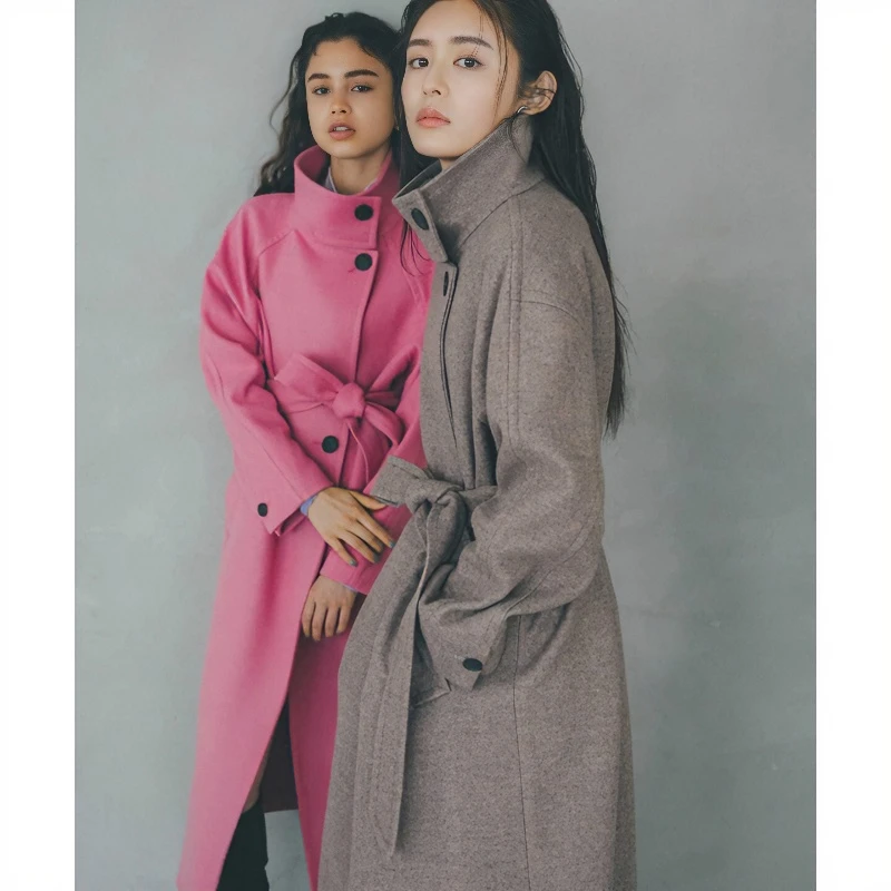 【强哥外贸】 秋冬上新 F 百搭中长款立领休闲毛呢大衣外套