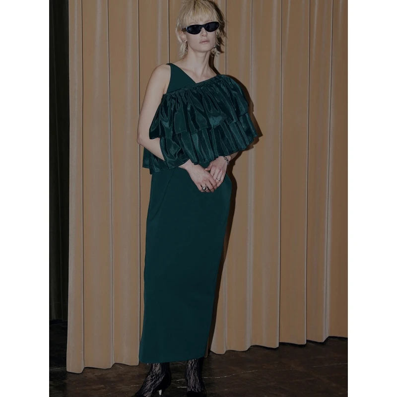 气质优雅 代 显瘦光泽感斜肩修身连衣裙两件套【强哥外贸】时尚休闲