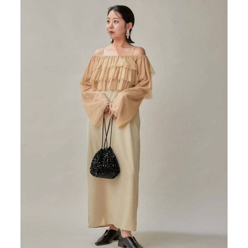 【强哥外贸】C 法式轻奢时尚气质透视薄纱女衫+吊带裙套装