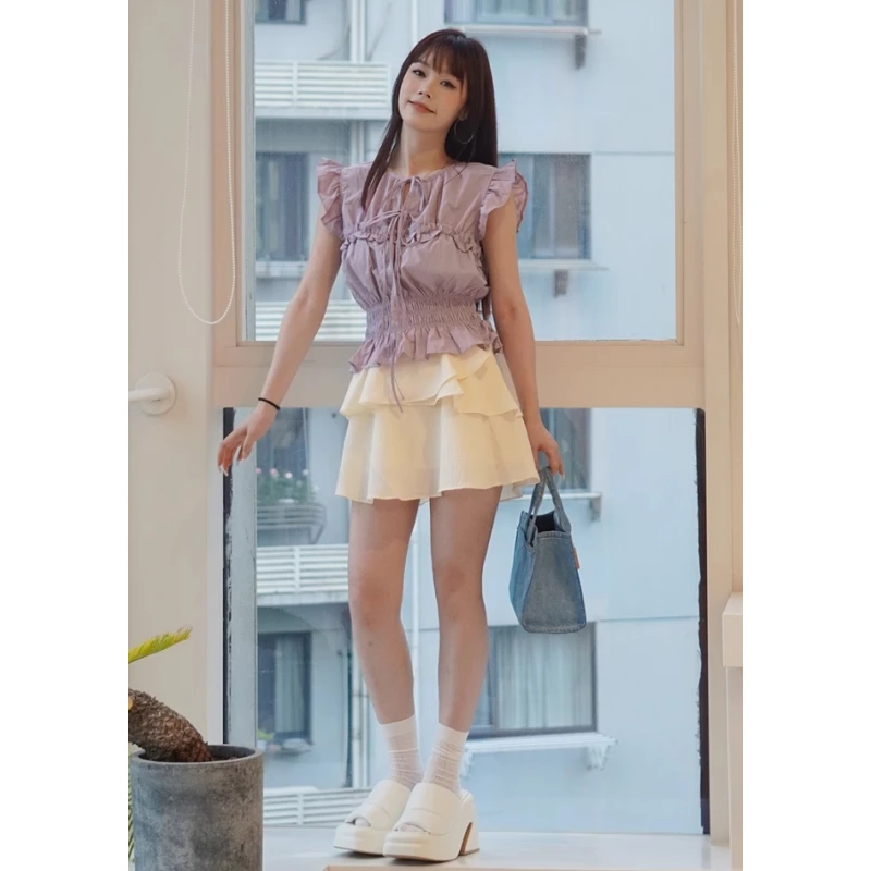 【强哥外贸】 夏季新品 S 甜美风不规则短款荷叶边半身裙女