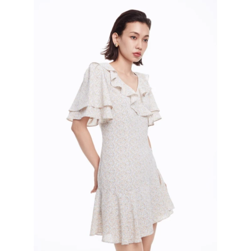 【强哥外贸】 夏季新款 M 气质优雅复古碎花荷叶边连衣裙