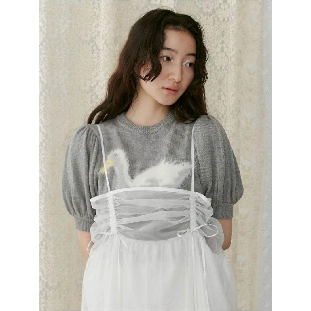 【强哥外贸】 M 夏季新款 鸭鸭提花图案套头针织灯笼袖上衣