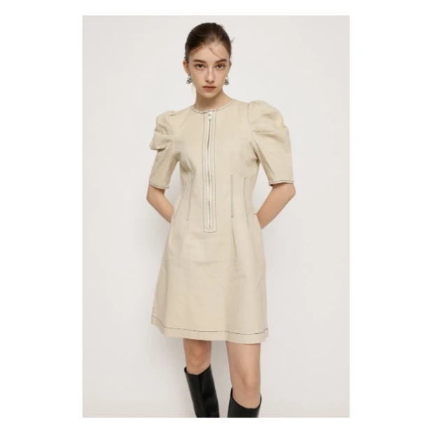 【强哥外贸】 设计感 S 收腰正面拉链泡泡袖复古连衣裙气质休闲