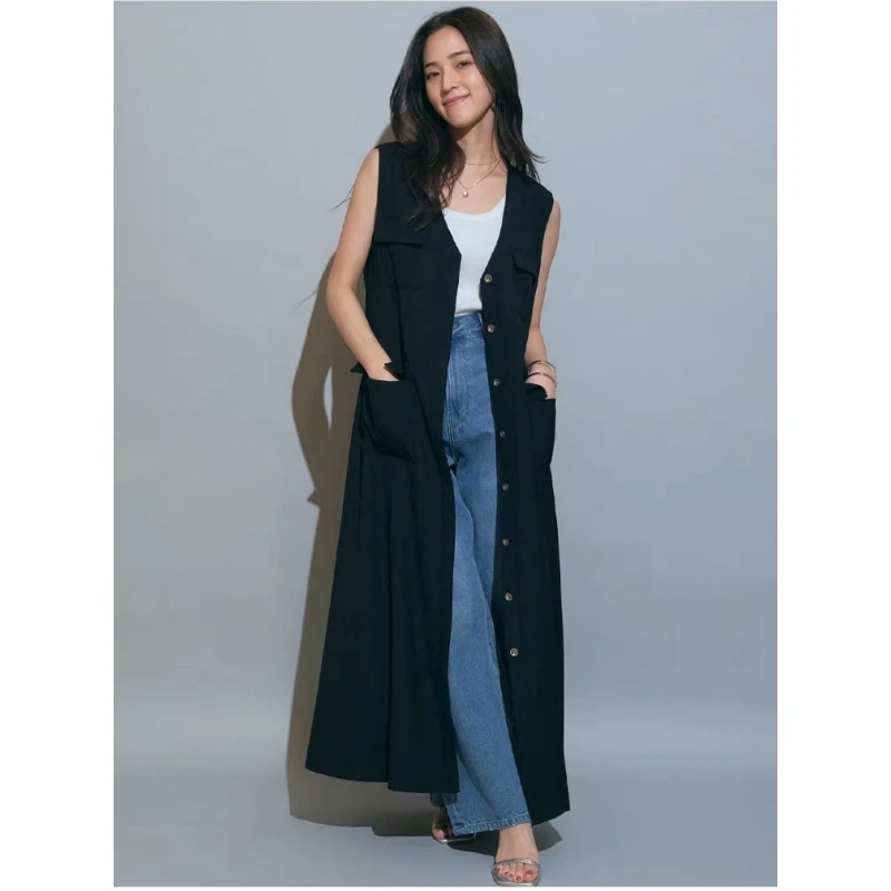 【强哥外贸】  秋冬上新 M 长款无袖腰带纯色宽松马甲外套时尚休闲