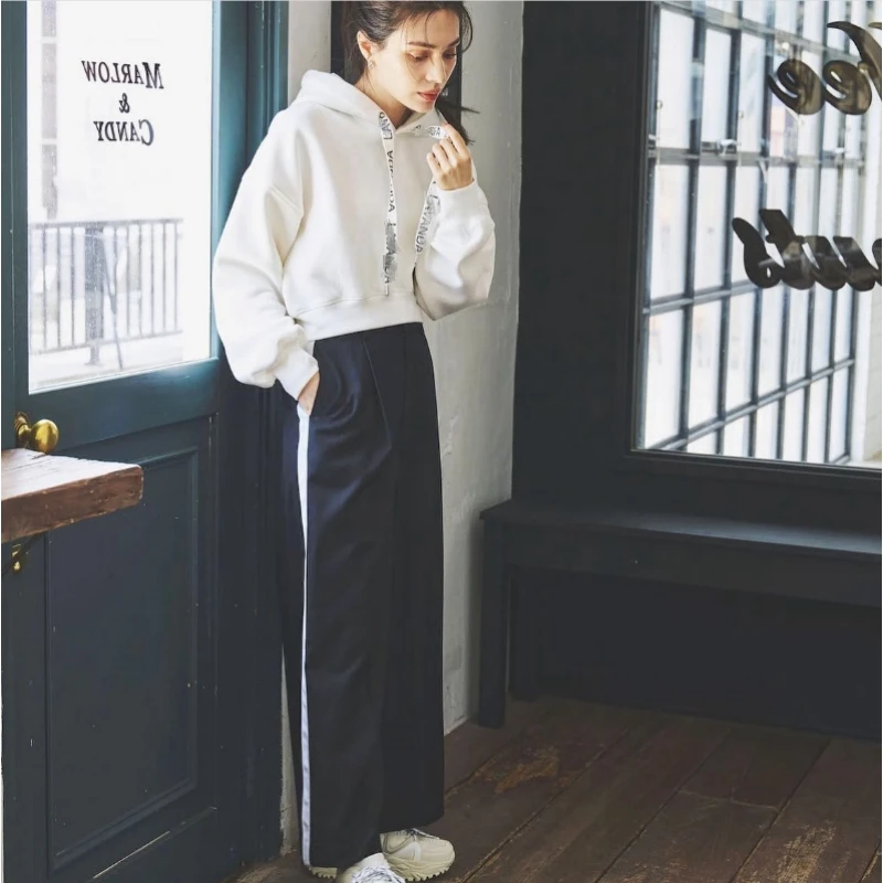 【强哥外贸】 秋冬上新 L 显瘦竖条纹高腰百搭宽松休闲裤