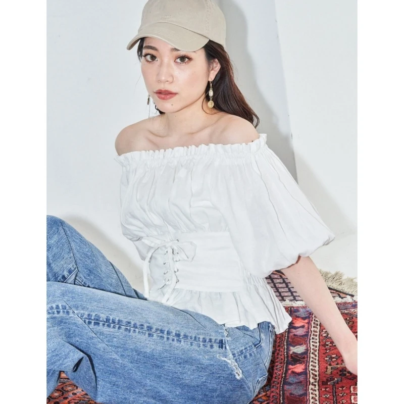 【强哥外贸】 G 杂志款夏季褶皱上衣收腰两穿一字肩衬衫