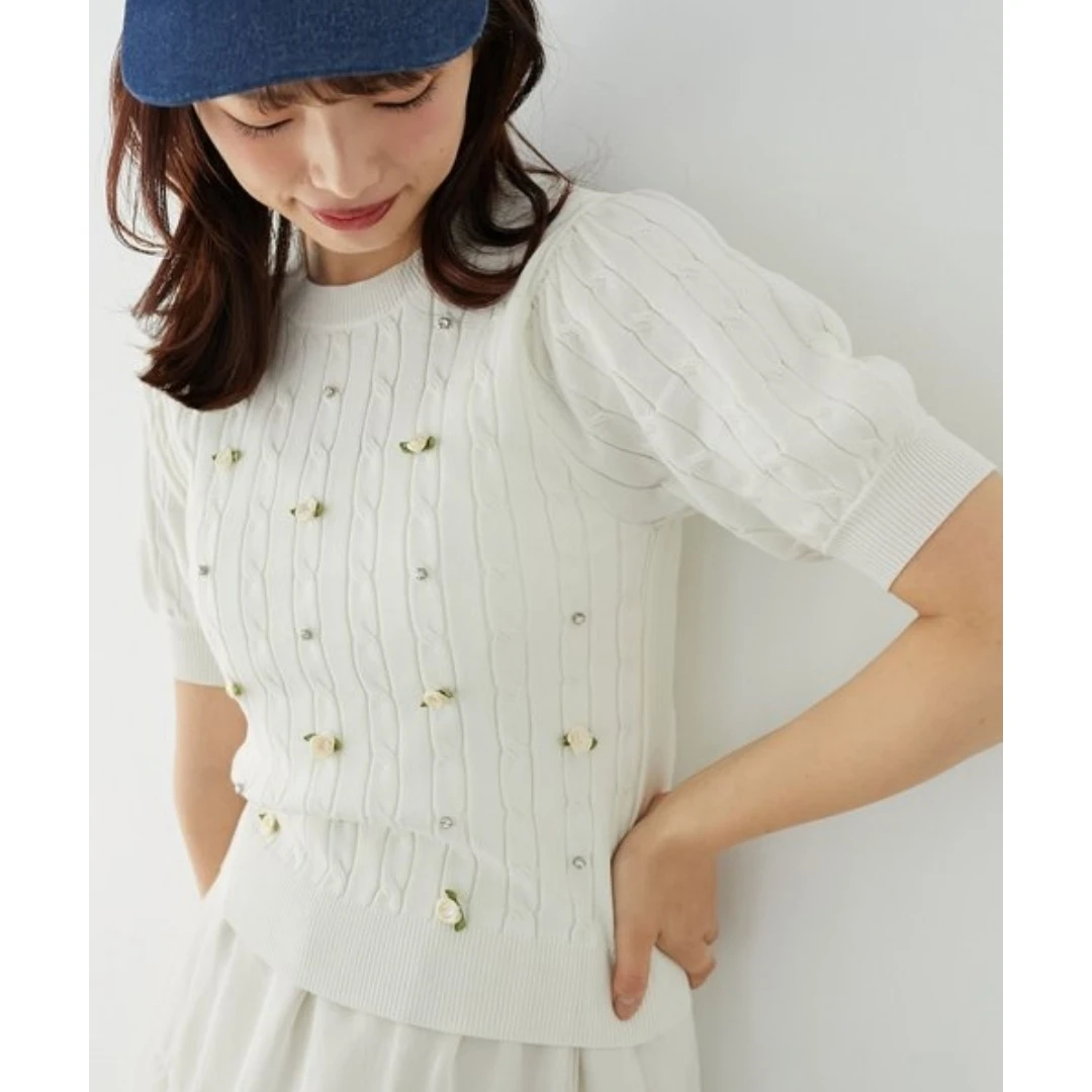 【强哥外贸】 M 夏季新款 休闲甜美立体玫瑰水钻圆领上衣时尚气质