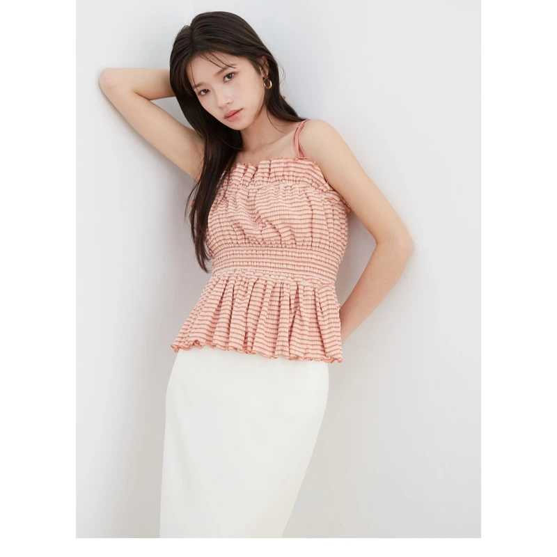 【强哥外贸】 夏季新款 S 甜美格纹褶皱露背收腰吊带上衣时尚通勤