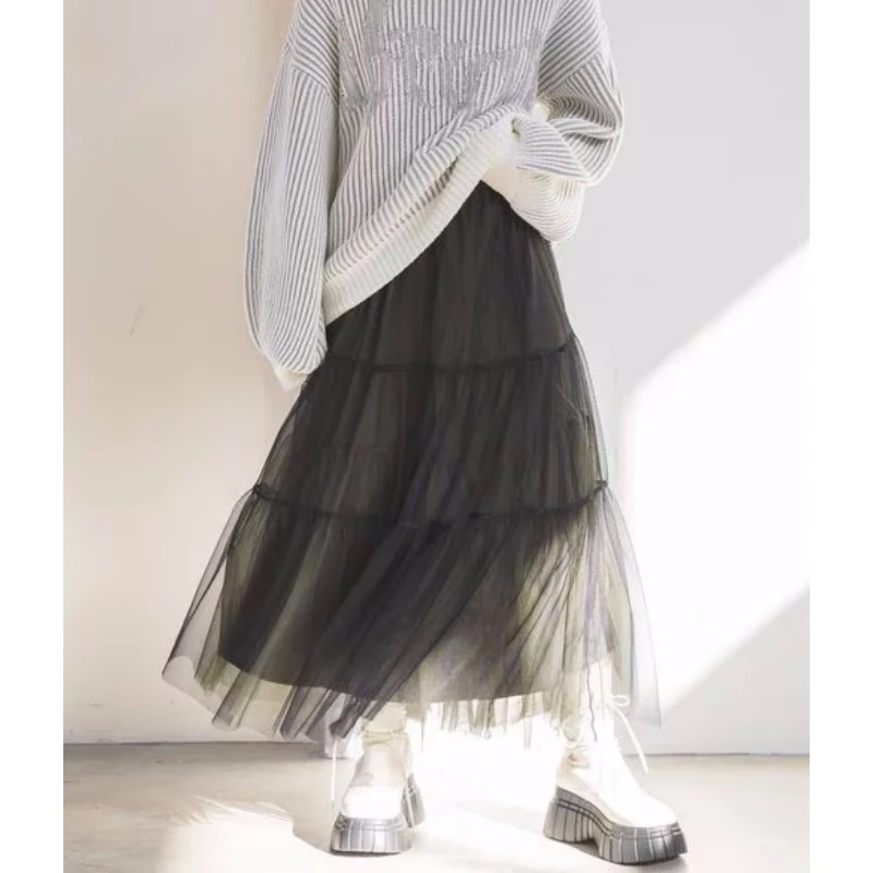 【强哥外贸】日系品牌 春夏新款 P 显瘦气质百搭高腰双层薄纱半身裙