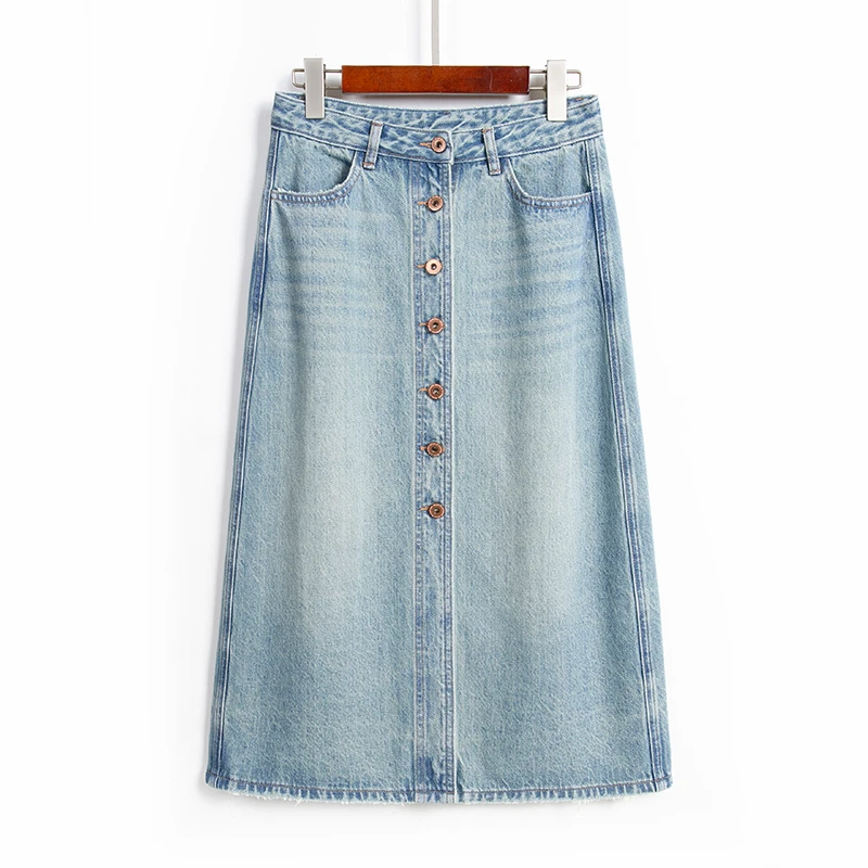 夏季开叉牛仔半身裙女高腰排扣时尚百搭文艺中长款牛仔裙子11128