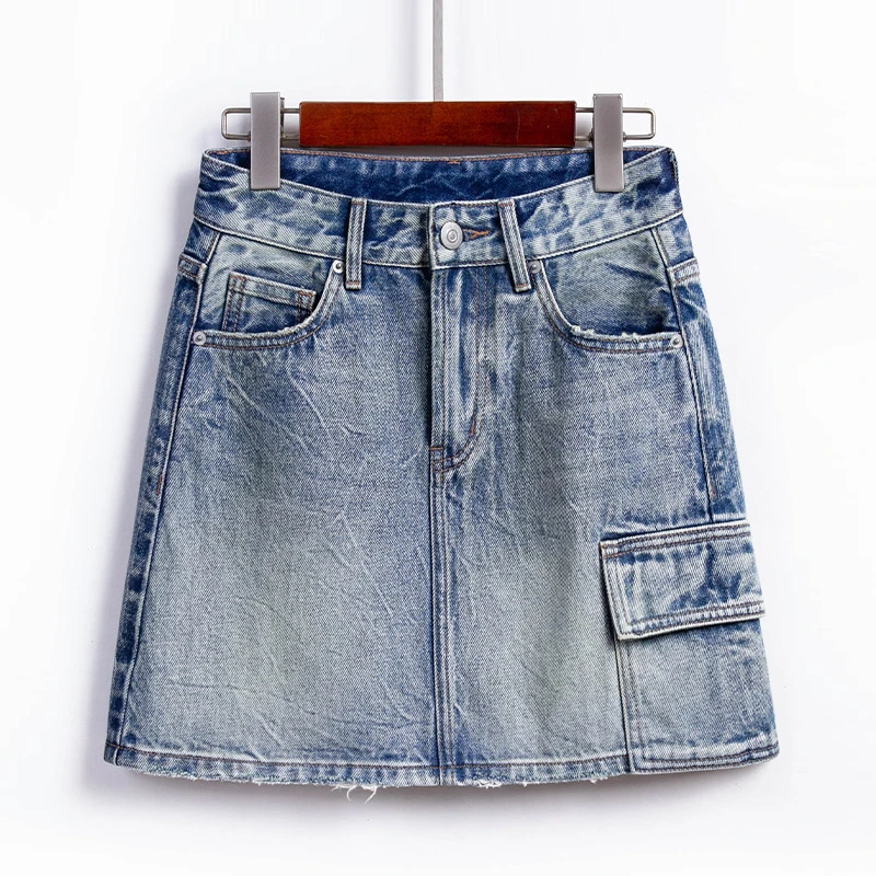 RAIN.CUN夏季薄款百搭显瘦口袋高腰牛仔短裙11429