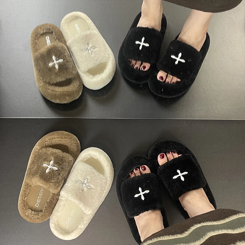 网红高档百搭毛拖时尚外穿春秋防滑厚底毛绒一字拖软底休闲棉拖鞋