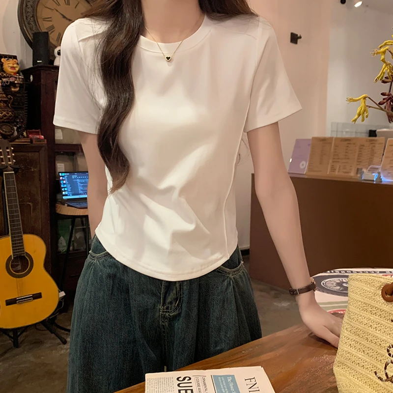 正肩短袖t恤女圆领拼接辣妹短款鱼骨别致上衣女小个子夏设计感ins
