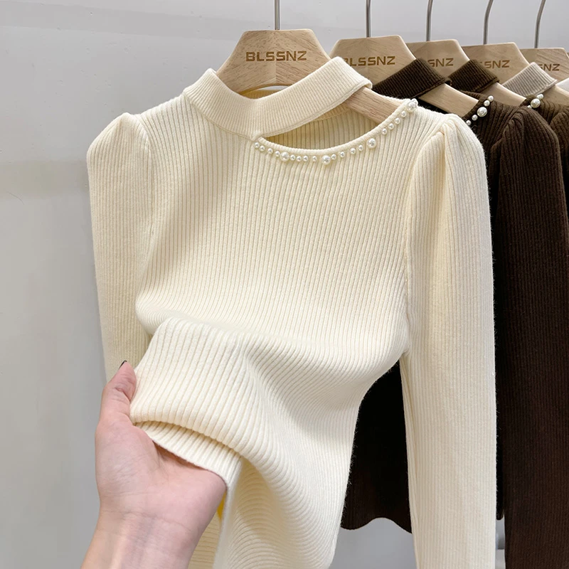 半高领毛衣女挂脖镂空锁骨露肩独特别致上衣针织衫打底衫女内搭潮