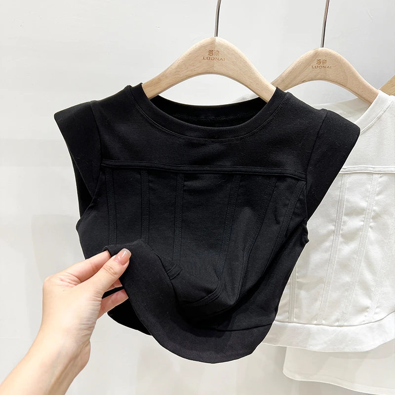 欧货短袖正肩短款t恤女背心设计感小众洋气女装上衣高端潮牌百搭