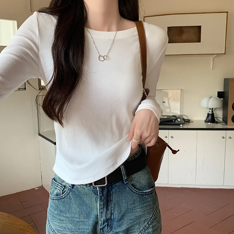 螺纹纯色长袖t恤女正肩爆款2025新款修身设计感打底衫女内搭通勤