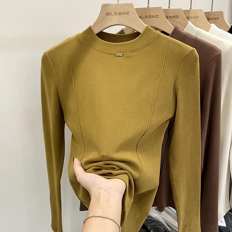 洋气双面磨毛加绒半高领长袖t恤女早秋打底衫女内搭别致修身显瘦