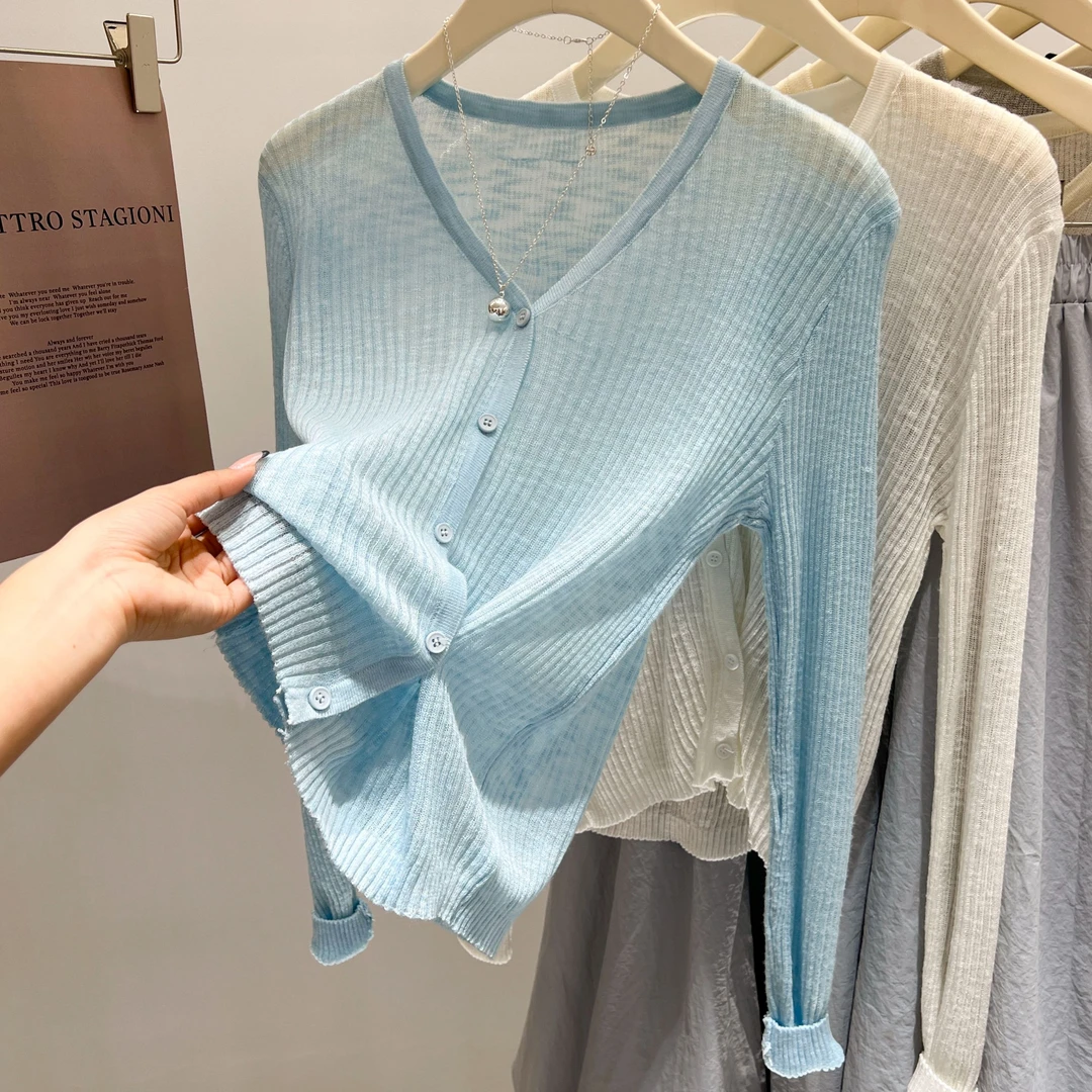 蓝色冰丝防晒开衫女夏季2025新款设计感薄款微透针织外套宽松上衣