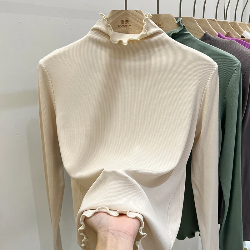 弹力莫代尔棉半高领打底衫女秋冬内搭木耳边小众上衣长袖t恤显瘦