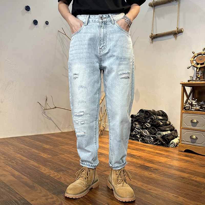 浅色补丁九分牛仔裤男夏季薄款宽松直筒男士潮牌百搭休闲高端裤子