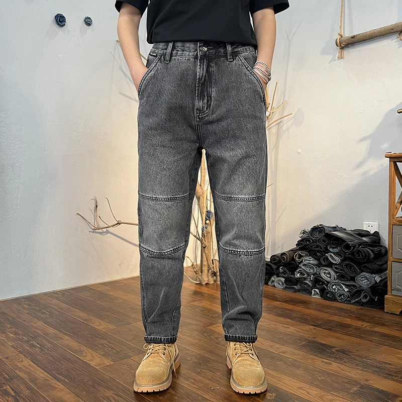 烟灰黑拼接牛仔裤男款2024夏季薄款百搭宽松直筒潮流时尚休闲裤子