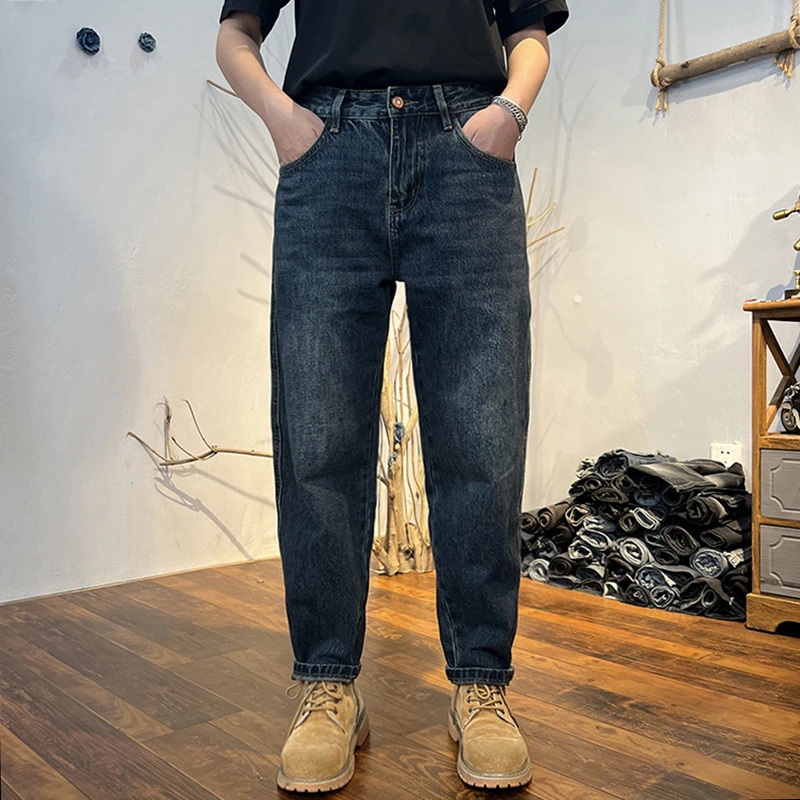 蓝色九分牛仔裤男2025秋季新款百搭男士高端宽松锥形直筒休闲裤子