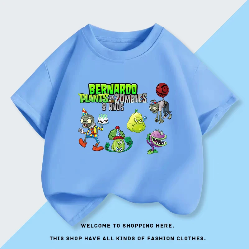 新款植物大战僵尸衣服短袖t恤衫纯棉男女童装上衣亲子装半袖夏装