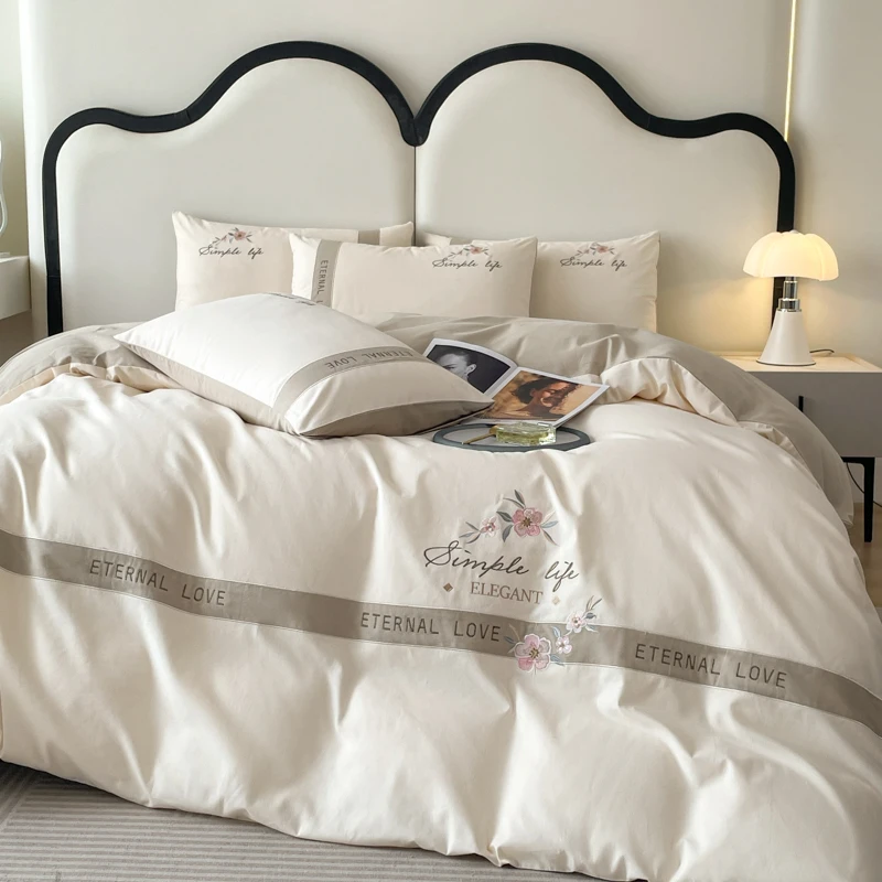 2024新款轻奢长绒棉全棉加厚四件套床上用品简约床品刺绣磨毛床笠