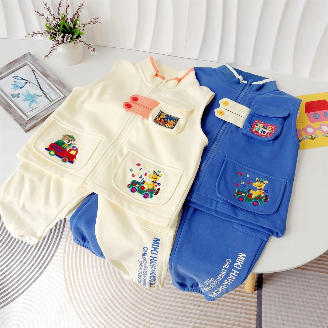 外贸日式Mikiclever24秋新日系男女童小熊汽车5063汽车马甲套装潮