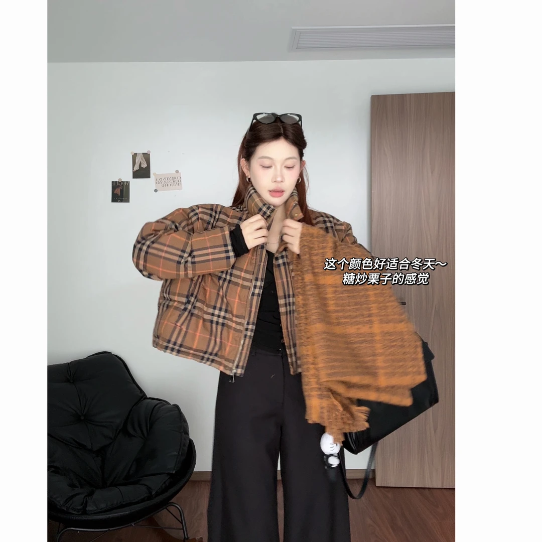 女士短款羽绒服冬季黄色格子鸭绒外套潮