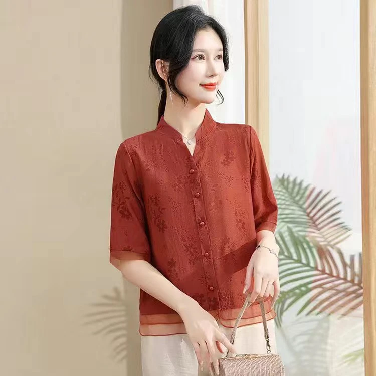 新中式国风妈妈夏季套装夏装新款中老年衬衫T恤两件套小衫上衣女