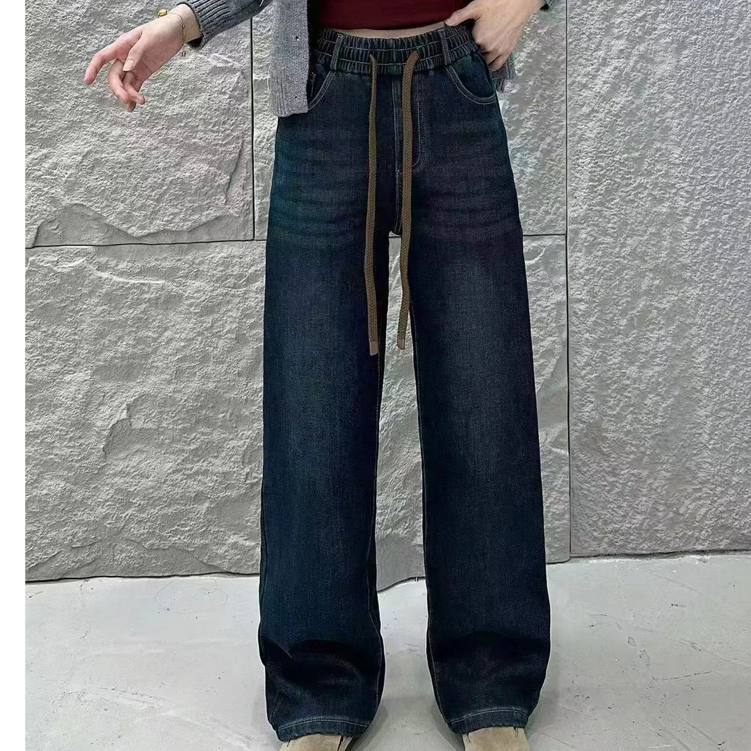 【6163】加绒松紧腰窄版直筒裤百搭显瘦显腿长牛仔裤高腰休闲裤