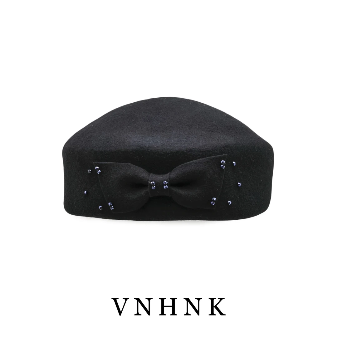 美可儿Q171黑色气质小众时尚百搭羊毛帽子女士镶钻秋冬贝雷帽