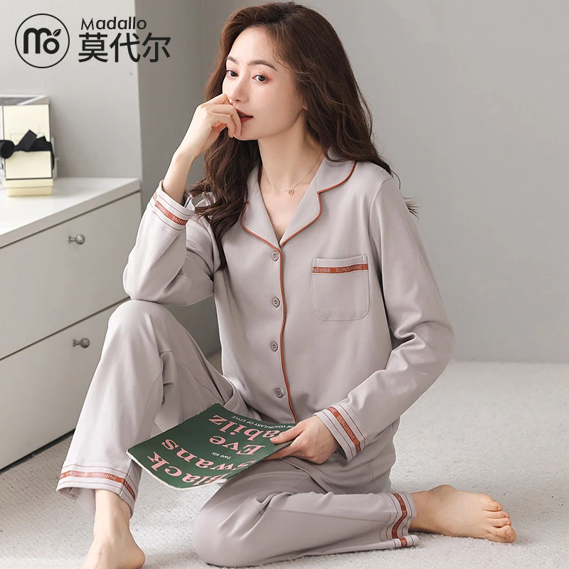 莫代尔春秋季纯棉睡衣女士长袖长裤秋季全棉大码可外穿家居服套装