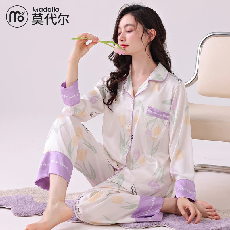 莫代尔冰丝睡衣女士春秋季长袖薄款开衫夏天加大码甜美家居服套装