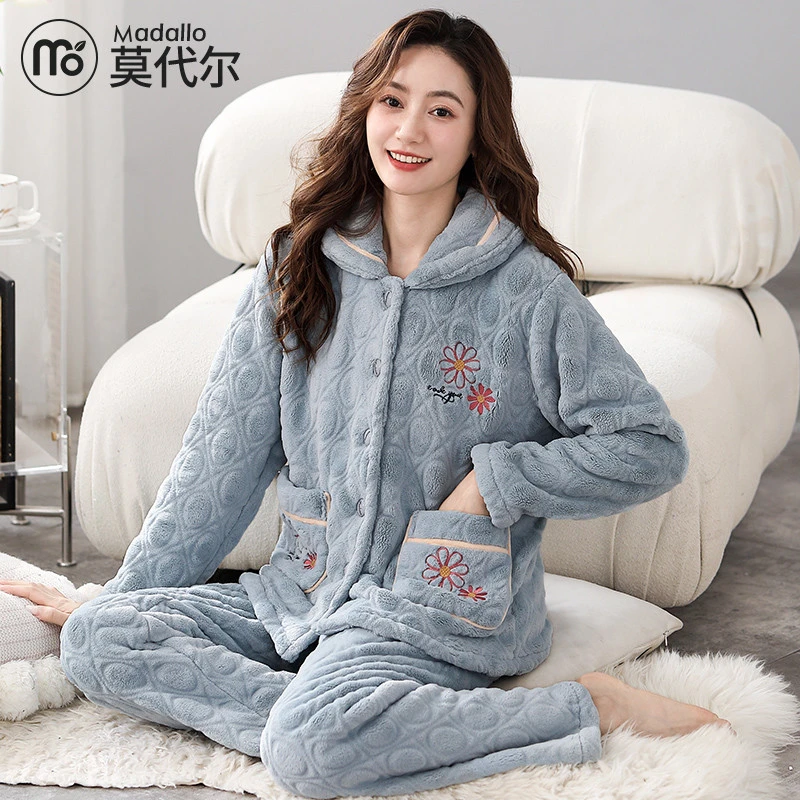 莫代尔睡衣女秋冬珊瑚绒中年妈妈家居服法兰绒加厚加绒可外穿套装