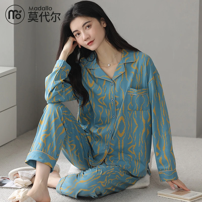莫代尔睡衣女士春秋款纯棉长袖夏季薄款高级感女款大码家居服套装